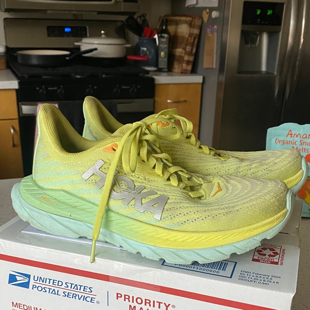 Hoka Mach5 Lime and Aqua Athletic Shoes